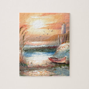 Puzzle Pintura de un bote de remos varado cerca de un