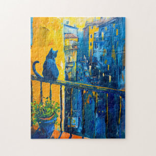 Puzzle Pintura de un gato en la barandilla del balcón que