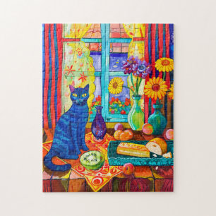 Puzzle Pintura de un gato en la mesa de la cocina junto a
