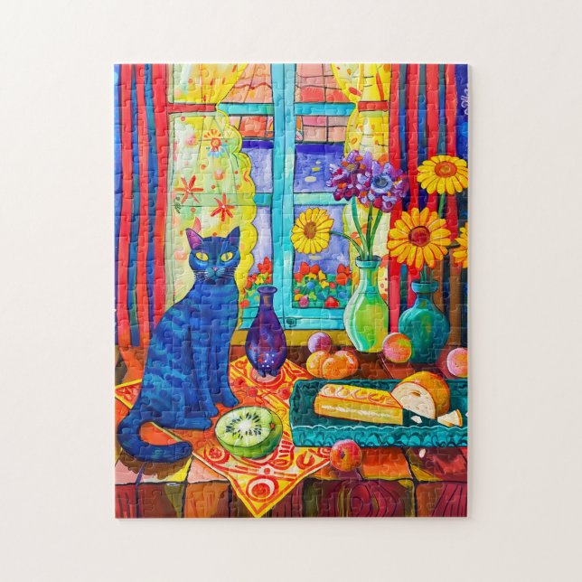 Puzzle Pintura de un gato en la mesa de la cocina junto a (Vertical)