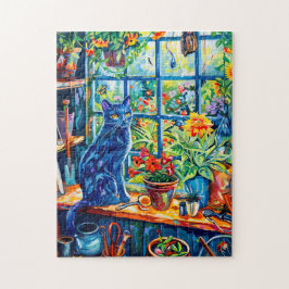 Puzzle Pintura de un gato en la vidriera de la casa del j