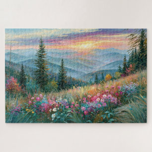 Puzzle Pintura del atardecer en la montaña con flores sil