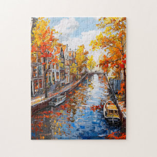 Puzzle Pintura del canal de otoño con barcos y casas colo