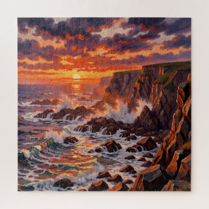 Puzzle Pintura dramática de acantilados al atardecer en l