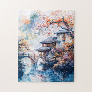 Puzzle Pintura en acuarela de templo chino y agua