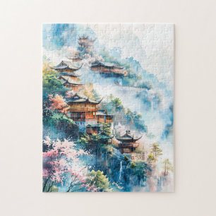 Puzzle Pintura en acuarela de templos chinos