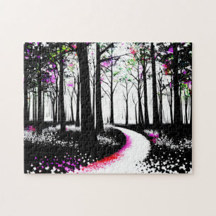 Puzzle Pintura en blanco y negro con sendero de bosque ro