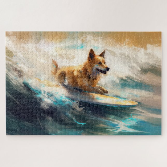 Puzzle Pintura finlandesa de Lapphund Beach Surfing (Horizontal)