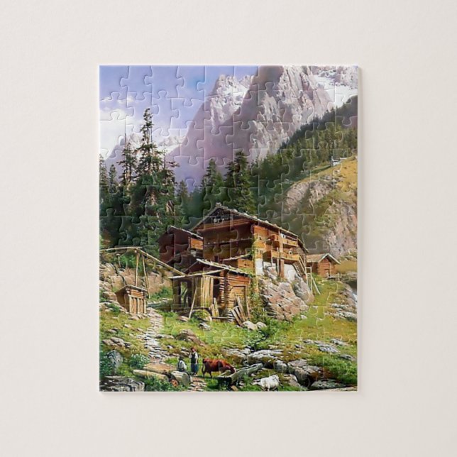 Puzzle Pintura suiza de la cabaña de madera de las (Vertical)