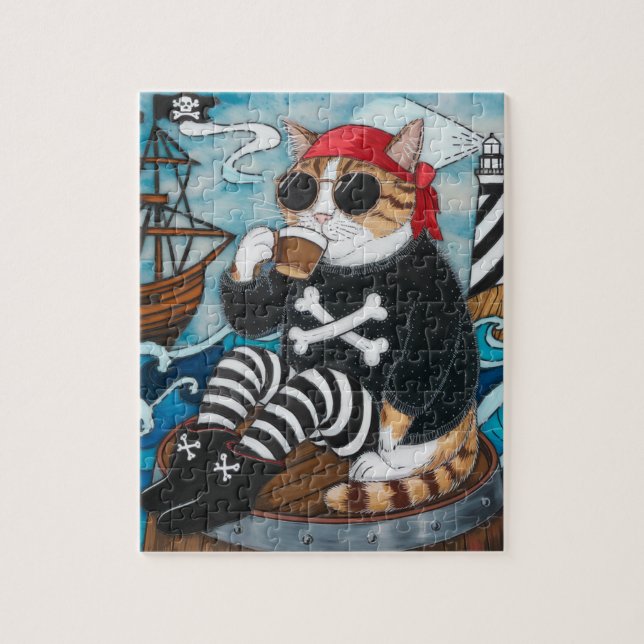 Puzzle Pirata Kitty en suéter negro difuso con un café (Vertical)