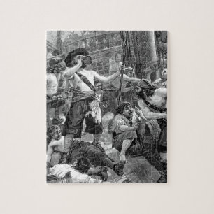 Puzzle Piratas antiguos luchando y bebiendo en el barco