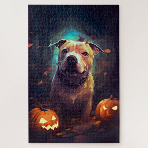 Puzzle Pitbull De Halloween Con Calabazas Asustadas