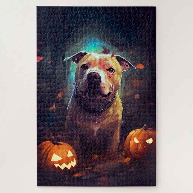 Puzzle Pitbull De Halloween Con Calabazas Asustadas (Vertical)