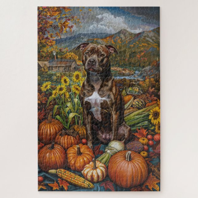 Puzzle Pitbull Dog Otumn Harvest Acción de Gracias (Vertical)
