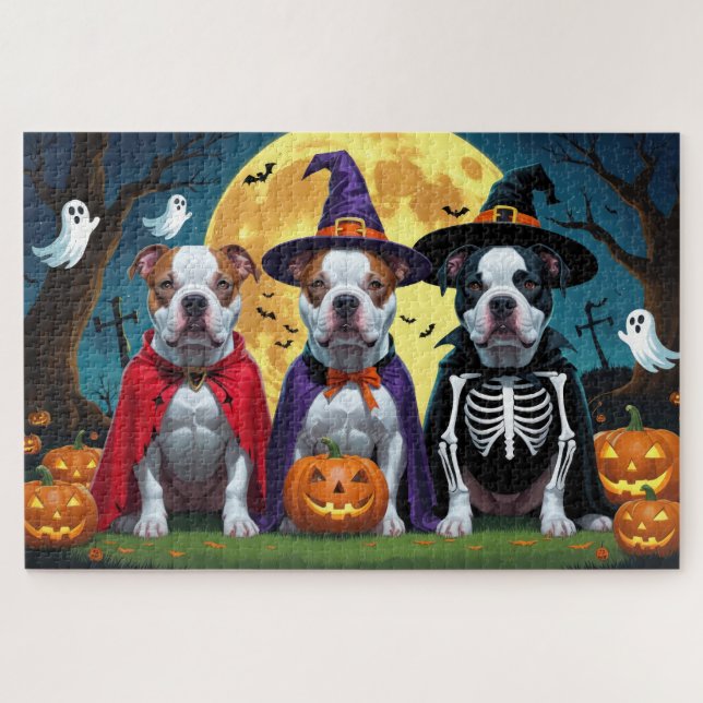 Puzzle Pitbull Dogs Pumpkin Halloween Funny (Horizontal)