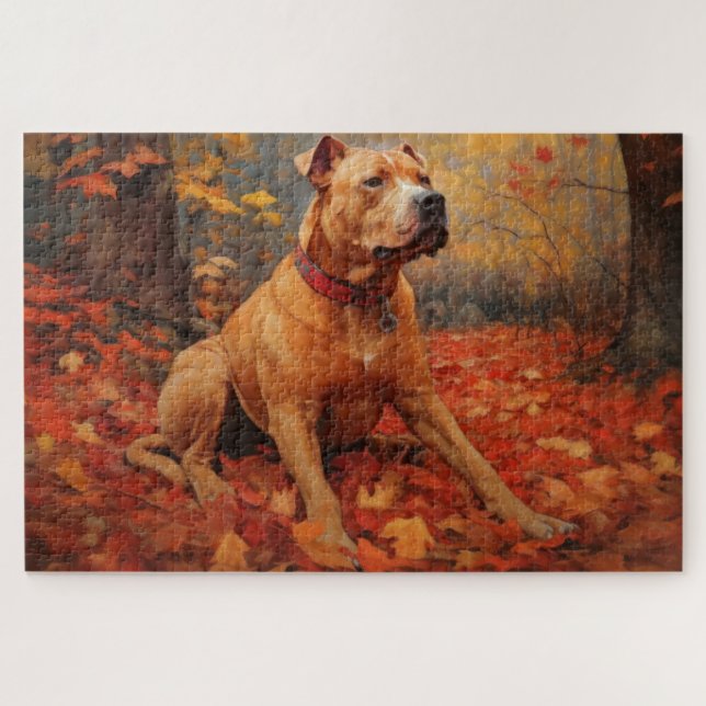 Puzzle Pitbull en las hojas de otoño caen inspiran (Horizontal)