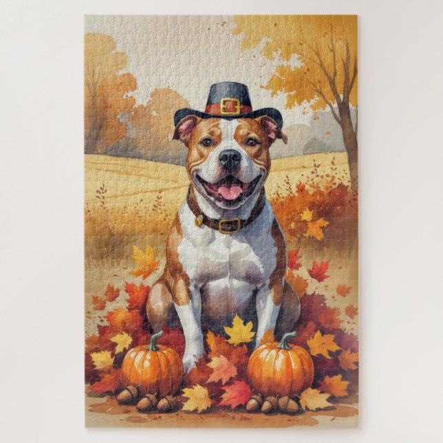 Puzzle Pitbull En Otoño Deja El Arte De Acción De Gracias (Vertical)