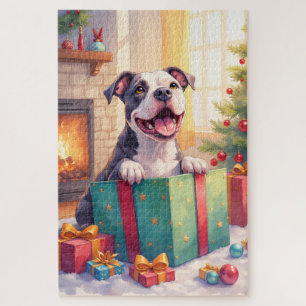 Puzzle Pitbull Juguetón Abriendo Regalos de Navidad Fiest