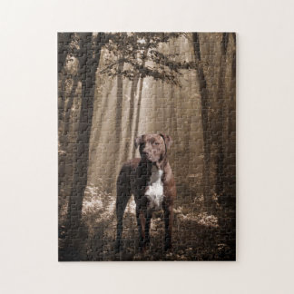 Puzzle Pitbull marrón y blanco con rayo de sol de bosques