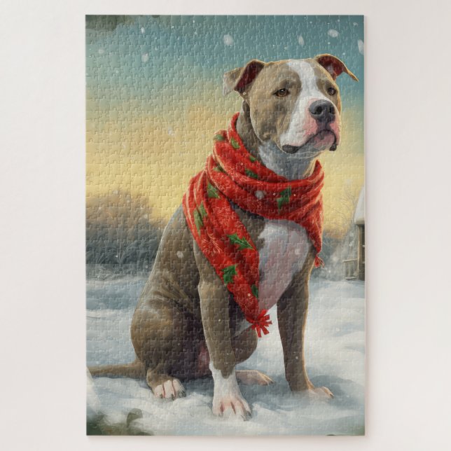 Puzzle Pitbull Perro en Navidad Nieve (Vertical)