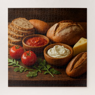 Puzzle Pizarra rústica de madera con queso de pan artesan