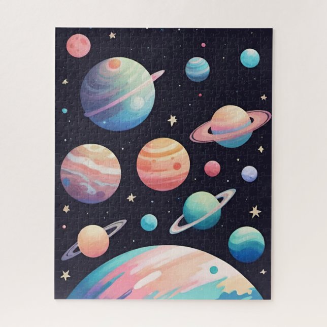Puzzle Planetas de color pastel en el espacio oscuro (Vertical)