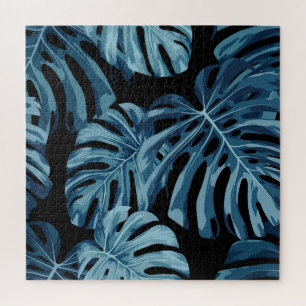 Puzzle Planta de Monstera: patrón de hojas azules.