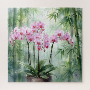 Puzzle Planta de orquídea rosa sobre fondo de bambú
