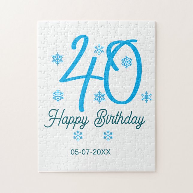 Puzzle plantilla azul para cumpleaños 40 con nombre fecha (Vertical)