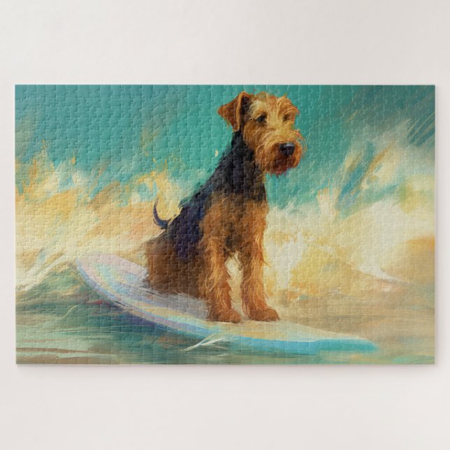 Puzzle Playa Airedale Surfing Pintura (Horizontal)