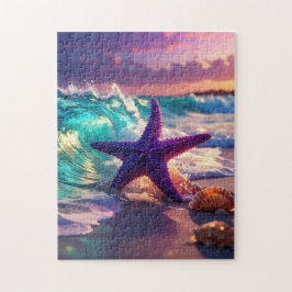 Puzzle Playa del océano con estrellas de mar violetas