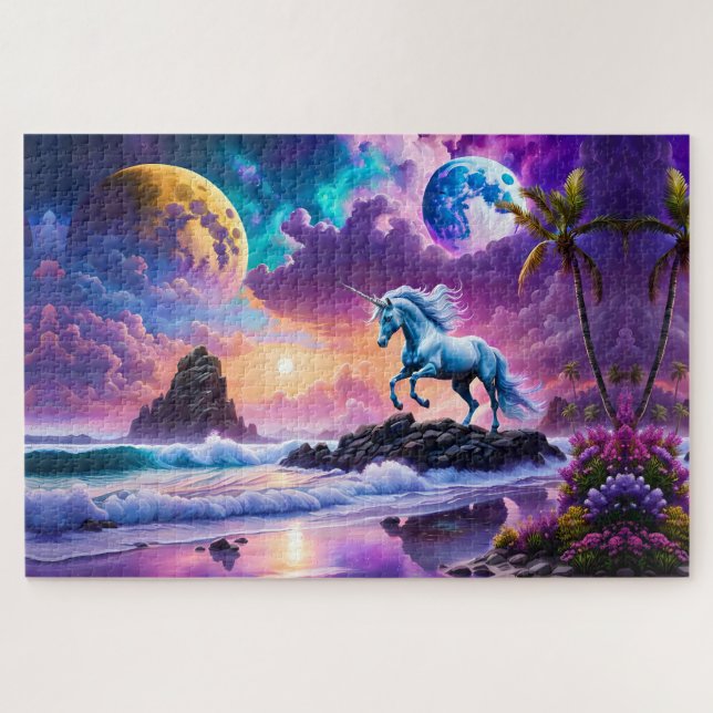 Puzzle Playa Tropical de Fantasía de Unicornio Blanco (Horizontal)