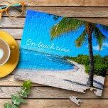 Puzzle Playa Tropical De Palmeras Hawaii En Tiempo De Pla<br><div class="desc">"A la hora de la playa". Relájese en los recuerdos de días de playa perezosos y tropicales siempre que disfrute de este inspirador rompecabezas de vacaciones de Hawái de una palmera solitaria en una playa de arena y media luna, con cielos azul turquesa y agua cristalinos. Hace un gran regalo...</div>