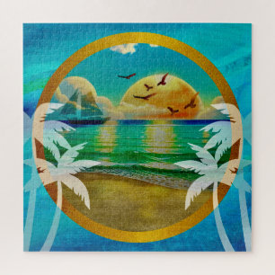 Puzzle Playa Tropical Moderna Palmeras Atardecer Vacacion