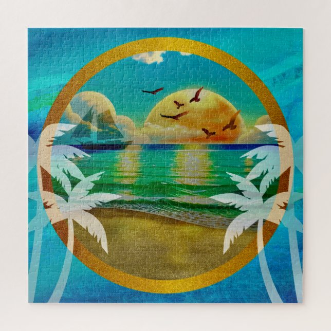 Puzzle Playa Tropical Moderna Palmeras Atardecer Vacacion (Vertical)