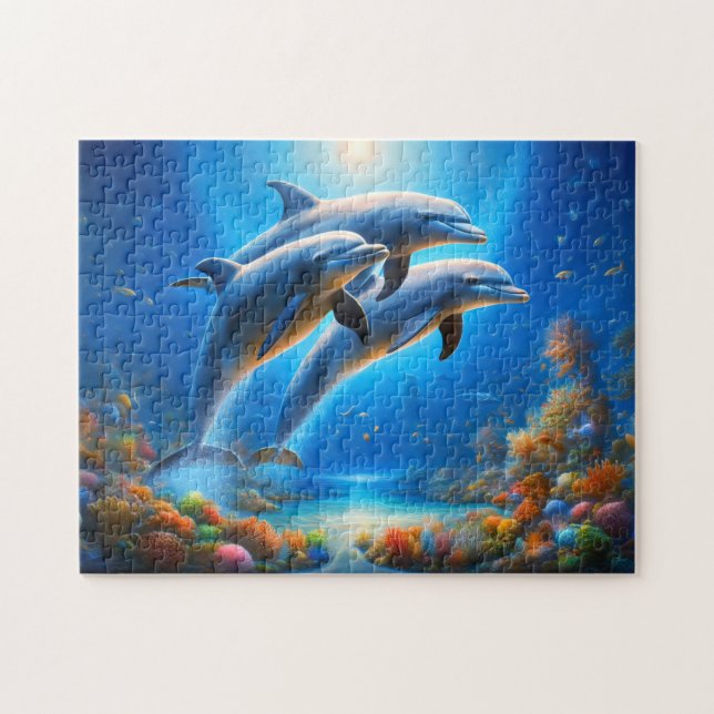 Puzzle Playful Dolphins Vibrant Underwater Ocean Scene (Horizontal)