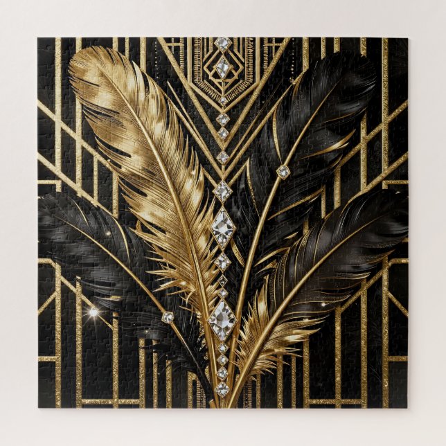 Puzzle Plumas Art Deco Negro Oro (Vertical)