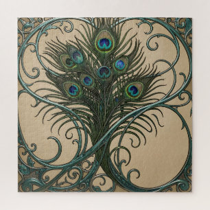 Puzzle Plumas de pavo real Art Nouveau Marco teal ornamen