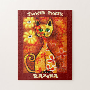 Puzzle Poder Floral Retro Caprichoso Personalizado Gato
