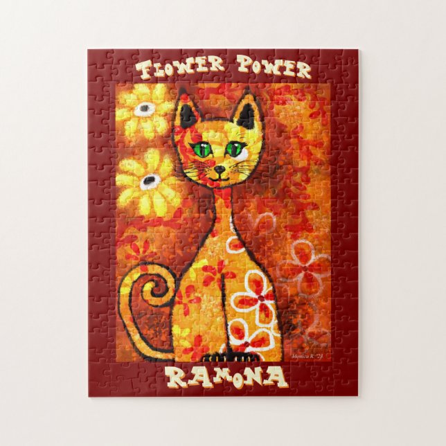 Puzzle Poder Floral Retro Caprichoso Personalizado Gato (Vertical)