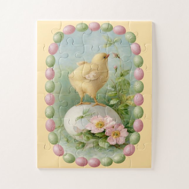 Puzzle Pollito de primavera con borde de huevo pastel (Vertical)
