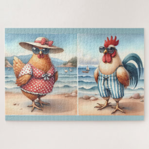 Puzzle Pollos en trajes de baño en la orilla del mar