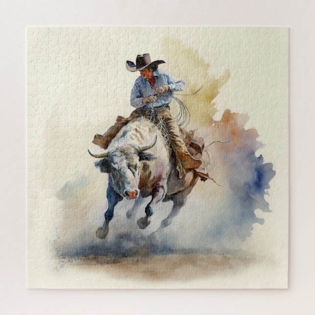 Puzzle Polvorienta acuarela occidental "Rodeo Bull Rider" (Vertical)