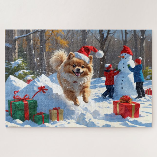 Puzzle Pomerania corre en Nieve con Gorra de Navidades (Horizontal)