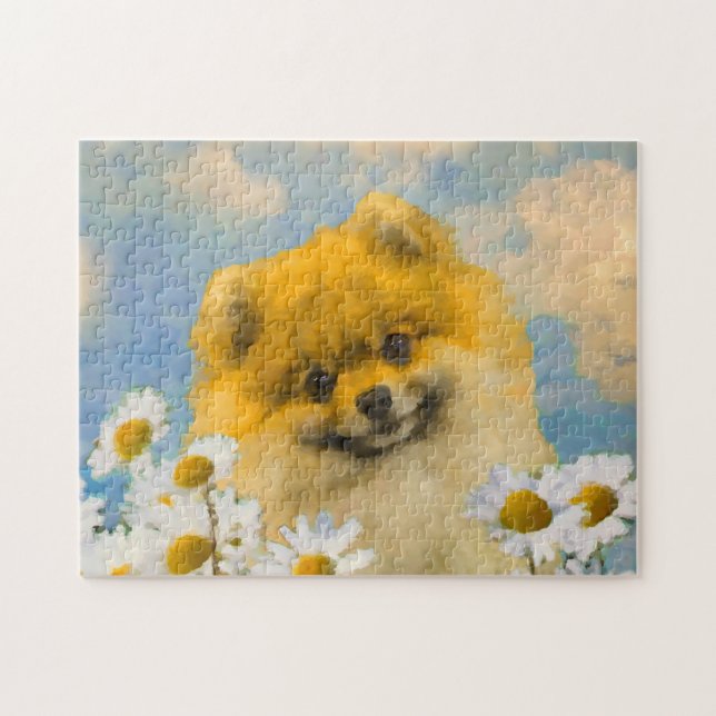Puzzle Pomerania en pintura de Daisies - Arte de perro or (Horizontal)