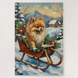 Puzzle Pomerania vintage en trineo de Navidad de madera
