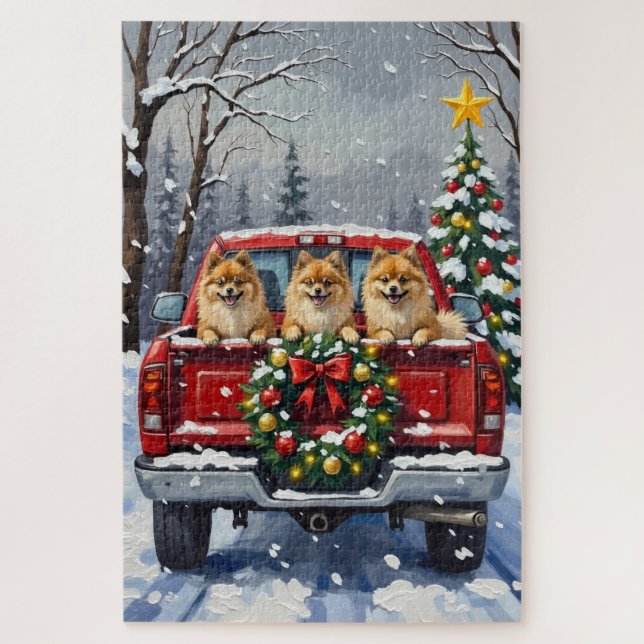 Puzzle Pomeranian Christmas Red Truck Holiday Gift (Vertical)