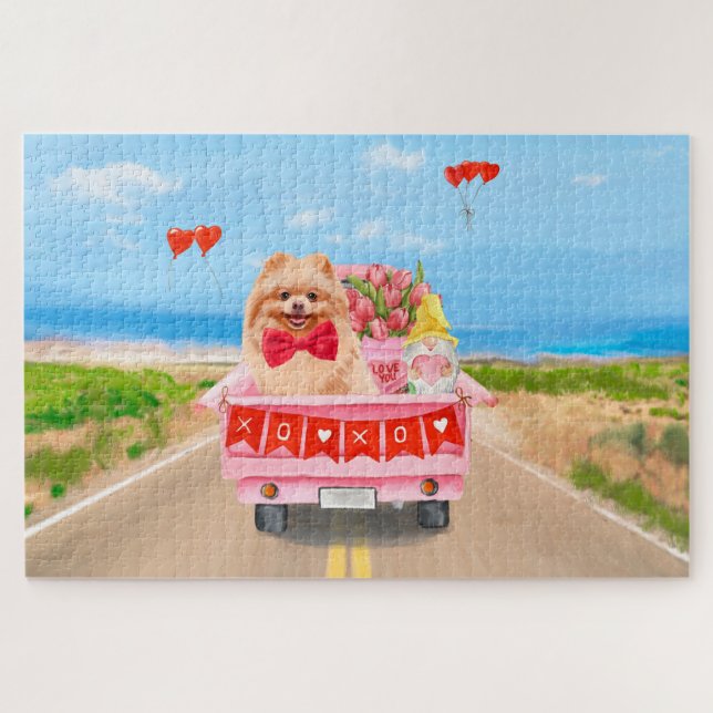 Puzzle Pomeranian perro día de San Valentín camión corazo (Horizontal)