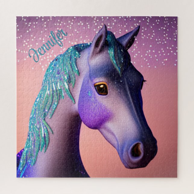 Puzzle Pony mágico en morado y Verde azulado con nombre p (Vertical)