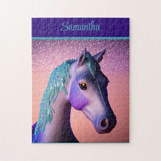 Puzzle Pony mágico en morado y Verde azulado con nombre p (Vertical)